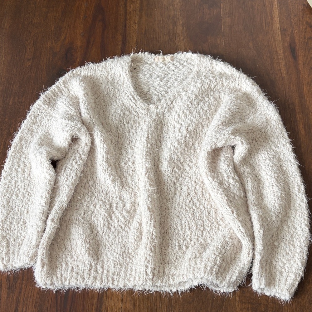 Altar'd State Cream Fuzzy V-Neck Sweater